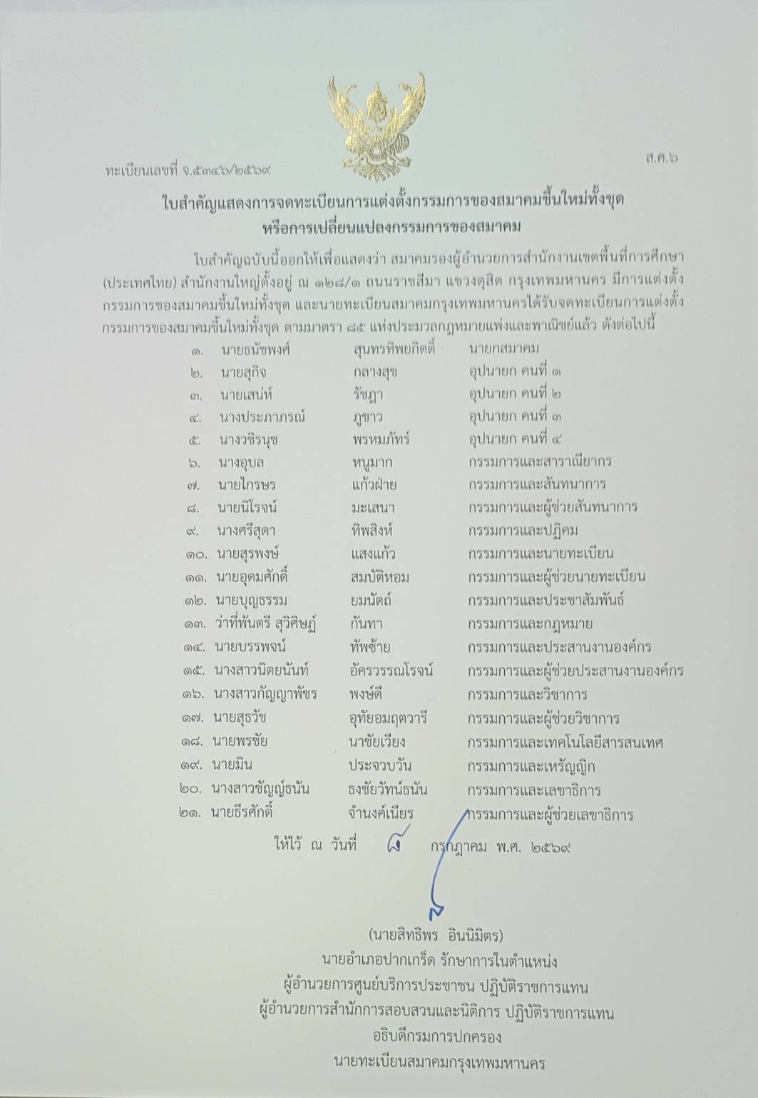 ดาวน์โหลดใบสำคัญแสดงการจดทะเบียนการแต่งตั้งกรรมการของสมาคมขึ้นใหม่ทั้งชุด หรือการเปลี่ยนแปลงกรรมการของสมาคม ประจำปี 2569